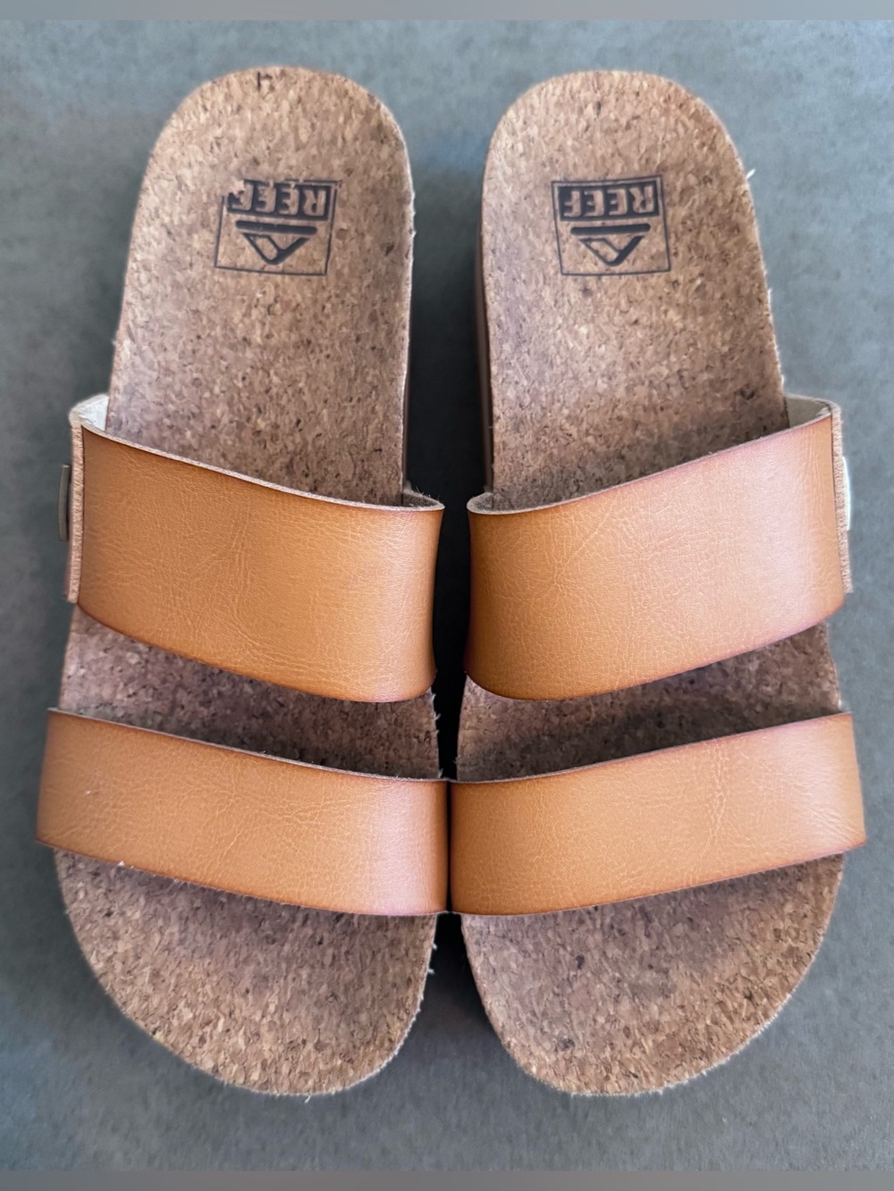 Reef Womens Tan Double-Strap Cork Slide Sandals